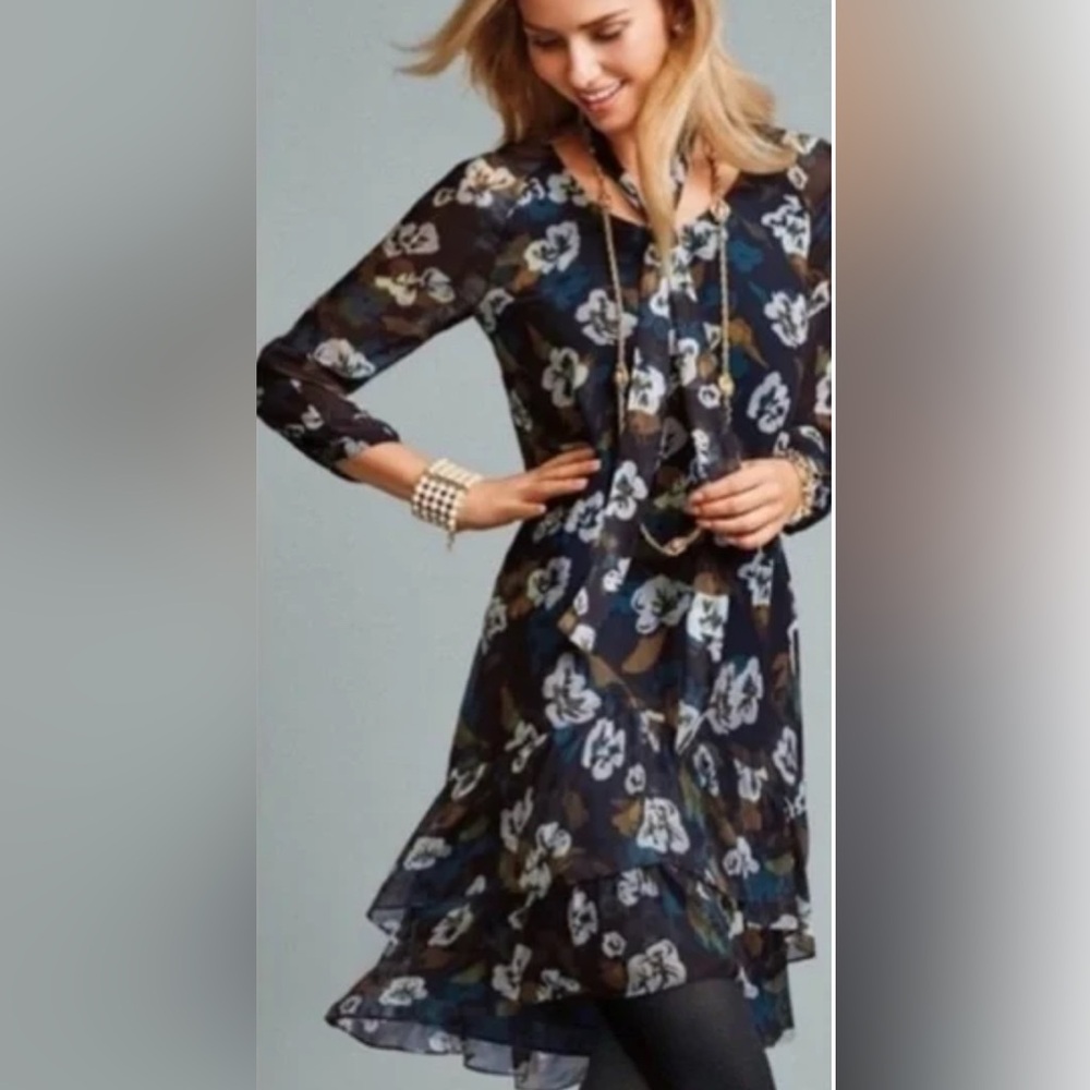 Cabi Pirouette Floating Flowers Dress XS Tiered Ruffle Hem Wedding Office